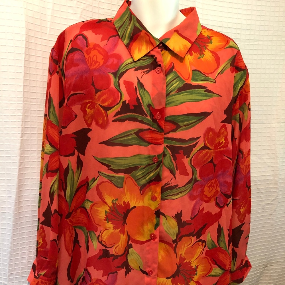 Vintage Lane Bryant plus size blouse Hawaiian tropical pattern 26/28 red orange